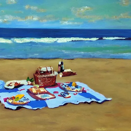 Prompt: a picnic on the beach by rita angus