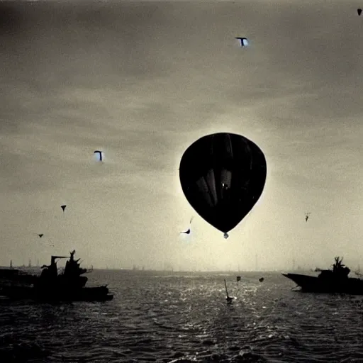 Prompt: basking in the first sun - rays were huge floating balloons a defence umbrella against enemy air - raids on port - installations, 1 9 6 0 photo