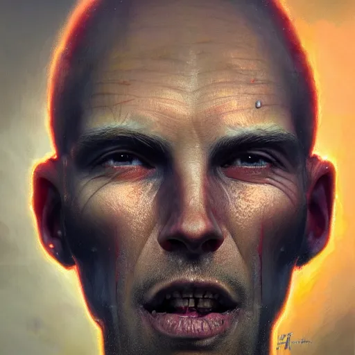 Image similar to a hyper - realistic character concept art portrait of a man on fire, depth of field background, artstation, award - winning realistic sci - fi concept art by jim burns and greg rutkowski, beksinski, a realism masterpiece, flesh - tone color palette, james gilleard, bruegel, alphonse mucha, and yoshitaka amano.