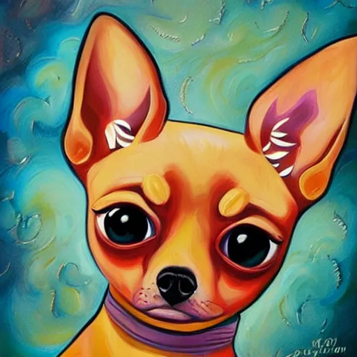 Image similar to a jeremiah ketner acrylic impasto! illustration of an adorable and cute tan chihuahua