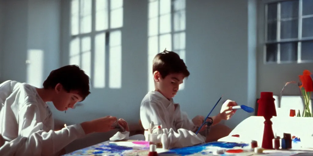 Prompt: screenshot of a scene at a private school where a senator's son paints his nails alone, 1990s psychological thriller by Stanely Kubrick film, color, anamorphic lenses, detailed, sunlit windows, moody cinematography