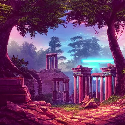 Prompt: ancient ruins in the forest, epic retrowave art, vaporwave, synthwave, trending on art station