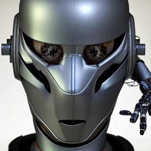 Image similar to an amazing robot-helmet, robotic head-bust portrait, of a sci-fi, human robot hybrid with weaponized systems built into the 3d helmet, cgi, zbrush, blender, octane render
