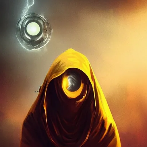 Prompt: award - winning. trending on artstation. surreal. cinematic. a person wearing hooded ornate yellow robes and a spooky steel mask staring while a black hole floats behind them. dark background.