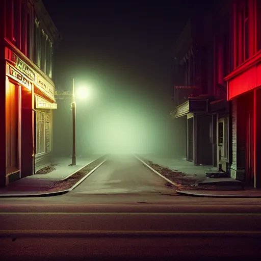 Image similar to A stunningly beautiful award-winning 8K high angle from 2nd floor cinematic movie photograph looking down diagonally across a spooky dark very foggy empty lightless moonlit main street intersection in an abandoned 1950s small town at night. perfect composition, moody low key backlit. Color palette from Seven, greens yellows and reds. 2 point perspective. Octane render