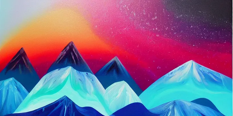 Prompt: a beautiful abstract acrylic painting of geometric mountain tops on a lake made of nebula by viktoria lapteva