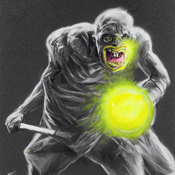 Image similar to cinematic portrait of a tennis ball monster in the abyss of space, chalk, masterpiece, trending on artstation, featured on pixiv, cinematic composition, dramatic pose, beautiful lighting, sharp details, hyper-detailed, HD, HDR, 4K, 8K, art by Basil Gogos