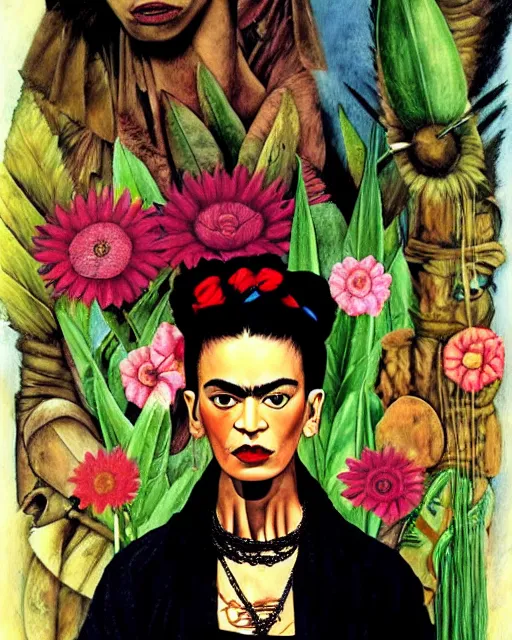 Image similar to portrait of a skinny punk frida kahlo wearing armor by simon bisley, john blance, frank frazetta, fantasy, thief warrior, floral flowers colorful