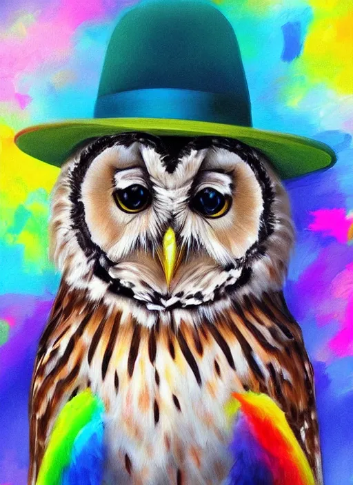 Prompt: realistic portrait beautiful painting of japanese owl, rainbow bird feathers, wearing woman hat. full body, fine art, trending on artstation, smooth draw, sharp focus, digital art, bright colors, fine draw, perfect lighting, high render, high resolution.