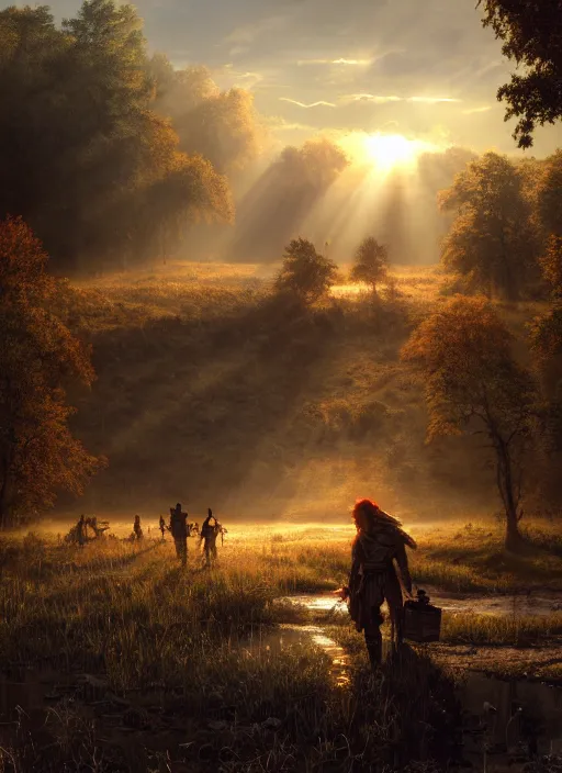 Image similar to rural wisconsin after apocalypse, mist, sunrays, dust in the air, dnd character, unreal engine, octane render, dramatic lighting, pond, digital art, by stanley artgerm lau, greg rutkowski, thomas kindkade, alphonse mucha, loish, norman rockwell,