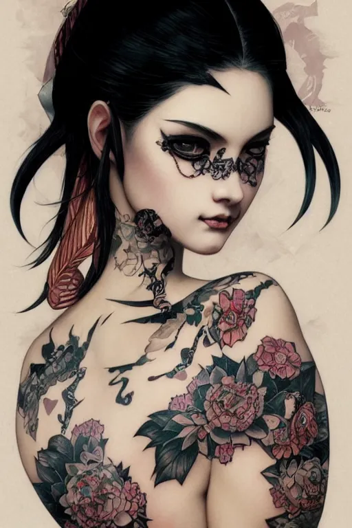 Image similar to portrait of goth yakuza girl tattoos, piercing, intricate, elegant, highly detailed, digital painting, artstation, concept art, smooth, sharp focus, illustration, art by artgerm and greg rutkowski and alphonse mucha and william-adolphe bouguereau