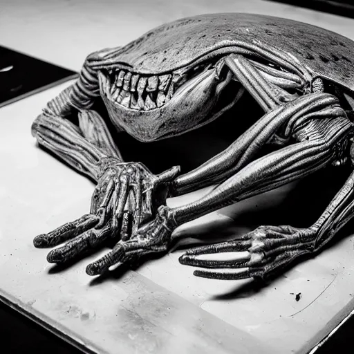 Image similar to black and white grey alien creature autopsy on a metal table, highly detailed, sharp focus, low lights, ultra realistic