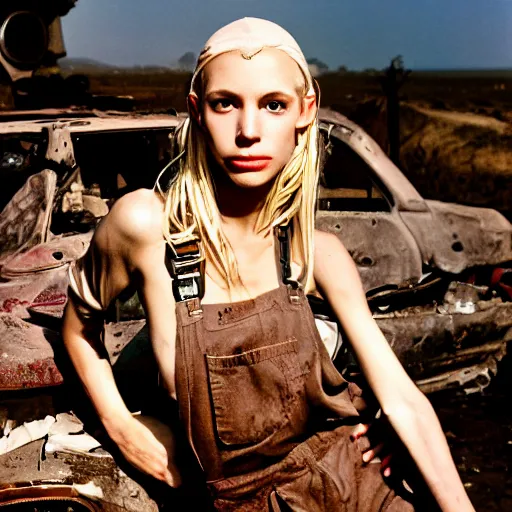 Image similar to a skinny female high-fantasy elf with a long face narrow chin and short spiky blonde hair wearing dark brown overalls and holding a bomb next to a destroyed car, gel spiked blond hair, narrow lips, high resolution film still, HDR color, photograph by Mario Testino