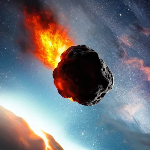Prompt: fiery asteroid flying through space moving towards earth
