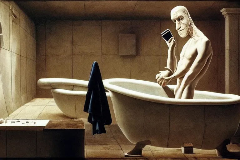 Image similar to hyperrealism aesthetic ridley scott and caravaggio and denis villeneuve style photography of a detailed giant squidward, siting on a detailed ultra huge toilet and scrolling his smartphone in surreal scene from detailed art house movie in style of alejandro jodorowsky and wes anderson