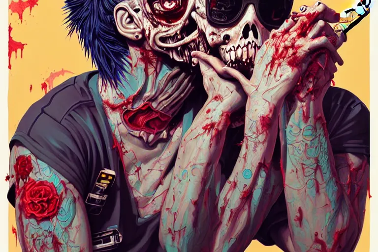 Image similar to zombie punk guitarist with a mohawk, tristan eaton, victo ngai, artgerm, rhads, ross draws, intricated details, 3 / 4 view, full body portrait