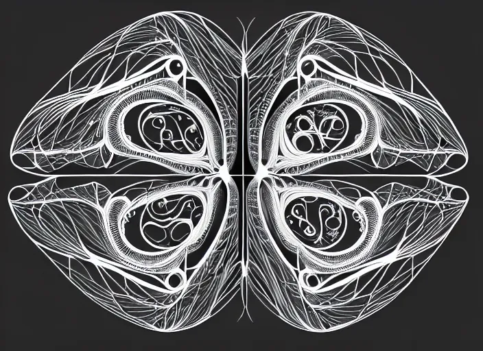 Image similar to symmetry! human fetus, intricate filigree, elegant, highly detailed, centered, concept art, smooth, sharp focus, lineart, illustration, 3 d occlusion, penned with black on white on gray, 8 k