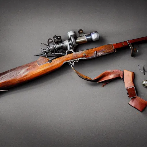 Image similar to Photo of a muzzle loaded flintlock AK-47 laid on a table, 4k, Forgotten Weapons, grey table background