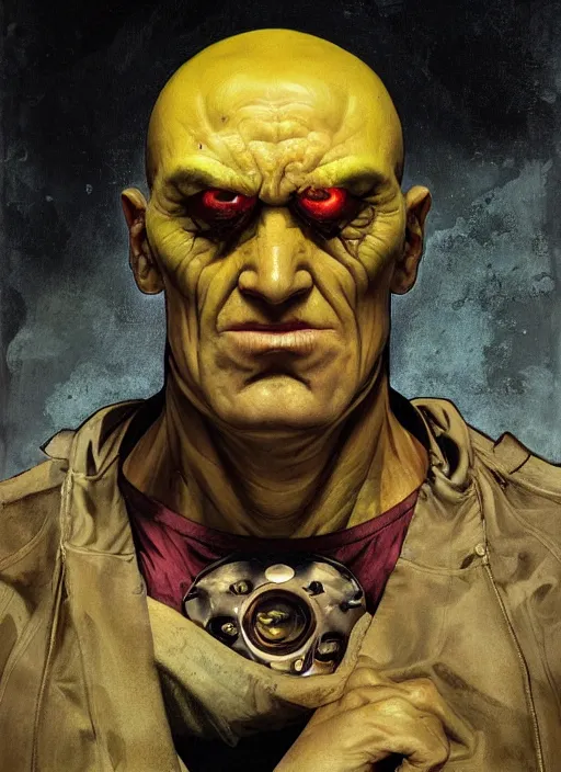 Prompt: renaissance grotesque portrait painting of old angry lemon head as superhero 2 0 7 7, superior, character redesign by lee bermejo and greg rutkowski and alphonse mucha