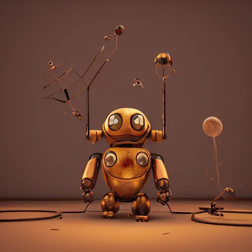 Image similar to a small chubby bot, smooth panelling, one large golden eye intricate detail, with damaged rusty arms, pokemon broken antenna, recycled, floating, white studio, ambient light, in the style of pokedstudios, belnder, octane render, 8 k,