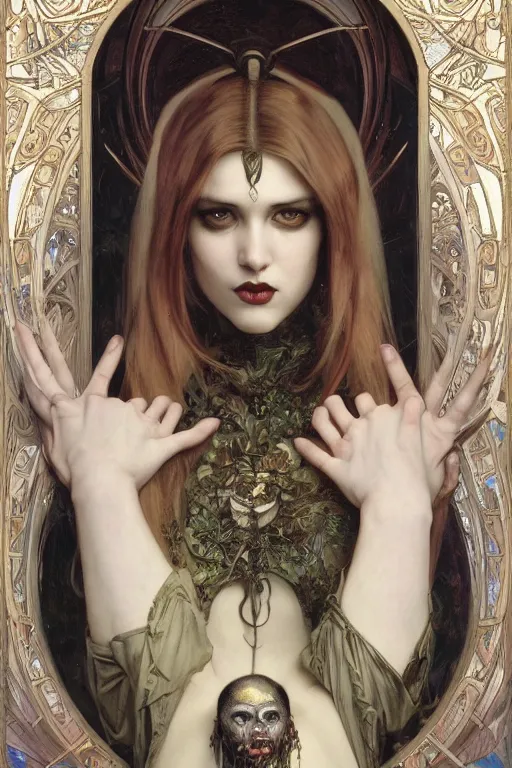 Image similar to masterpiece painting of beautiful vampire girl by donato giancola, h. r. giger and tom bagshaw, face by artgerm and edmund leighton, background by james jean and alphonse mucha, 8 k, gothic horror, majestic, volumetric lighting, porcelain skin, art deco, trending on pixiv