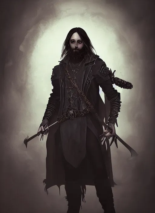 Image similar to A fantasy comic book style portrait painting of Jared Leto as a witchhunter in a atmospheric dark fortress, unreal 5, DAZ, hyperrealistic, octane render, RPG portrait, ambient light, dynamic lighting