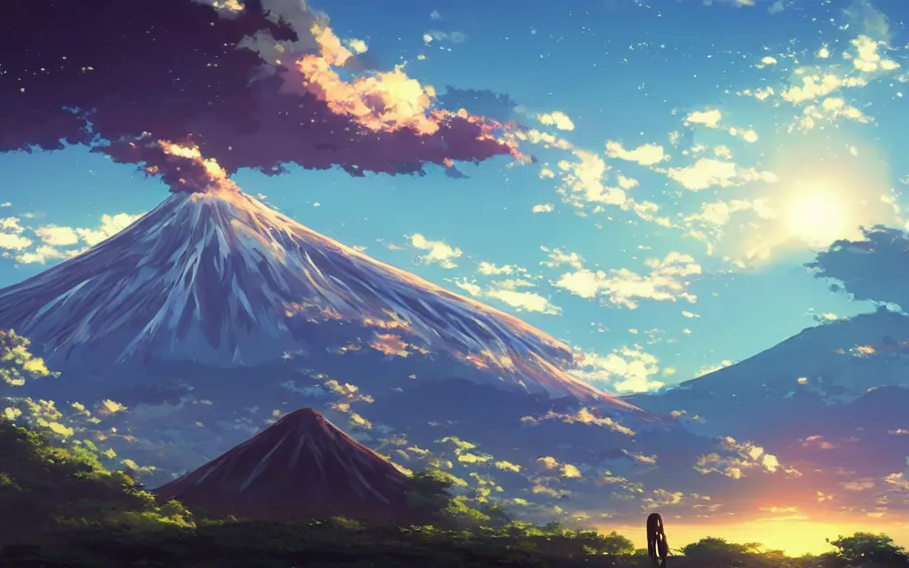 Prompt: a volcano, and a bright light shines down from the sky. the sound of laughter can be heard in the distance. anime scenery by makoto shinkai.