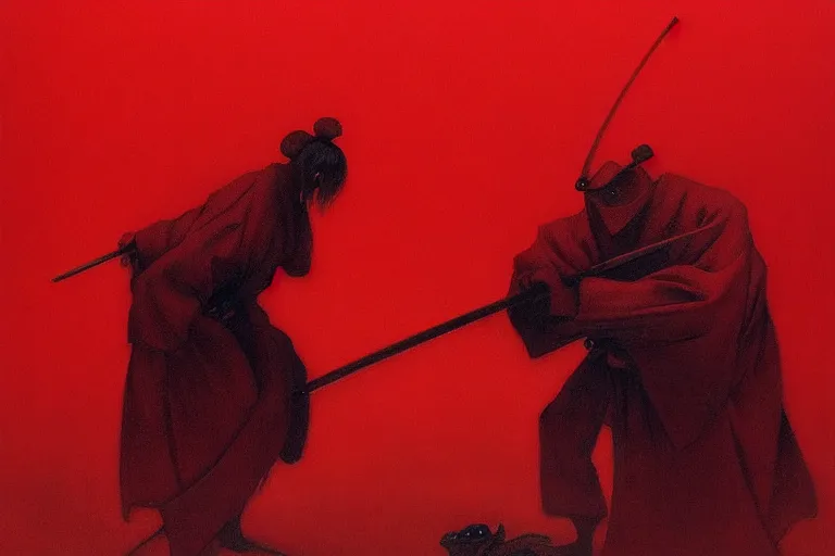 Image similar to only with red, a red samurai harakiri, tokio, a lot of frogs watch, in the style of beksinski, parts by edward hopper, parts by rodcenko, parts by yue minjun, intricate and epic composition, red by caravaggio, insanely quality, highly detailed, masterpiece, red light, artstation, 4 k