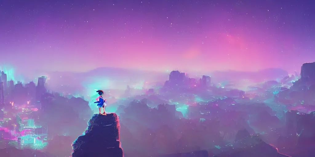 Image similar to small blue pixie on a cliff looking to a synthwave city, stars, long exposure, 4k, Cel shaded, concept art