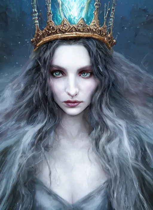 Image similar to pale, beautiful witch with long hair and a crown, fantasy, medieval, vivid colors, fantasy, elegant, concept art, sharp focus, beautiful face!!, digital art, Hyper-realistic, 4K, Unreal Engine, Highly Detailed, HD, Dramatic Lighting by Brom, trending on Artstation