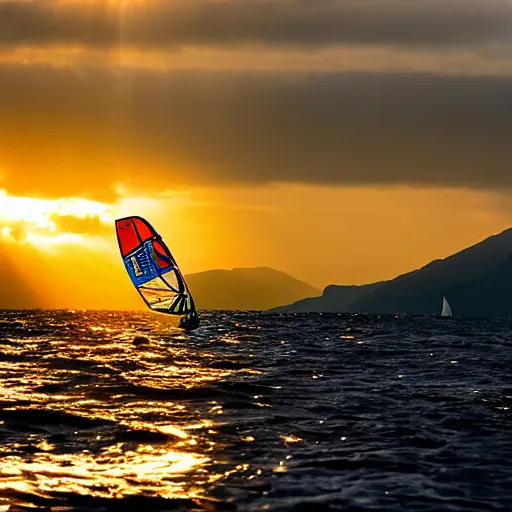 Image similar to windsurfing over stormy lake geneva with sunset in the back