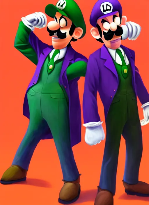 Image similar to luigi and waluigi as mafia gangsters, photorealistic, ultra detailed, trending on artstation, concept art, octane render, unreal engine, by shinji aramaki, by christopher balaskas, by krenz cushart