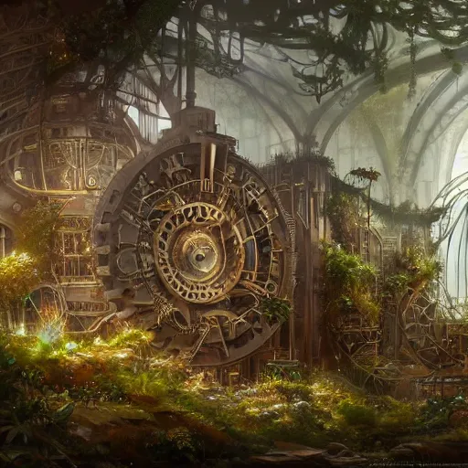 Image similar to a ultradetailed beautiful concept art of the core of a intricate steampunk machine where vegetation have start to peacefully grow in harmony with the machine, dynamic lighting, cinematic lighting, magical atmosphere, concept art, high resolution 4 k, by tom bagshaw, greg rutkowski, charlie bowater and artgeem