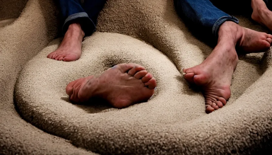 Image similar to Quentin Tarantino sitting on couch inside house made of human feet, close-up portrait photograph