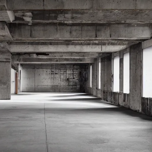 Image similar to warehouse interior in the brutalist style