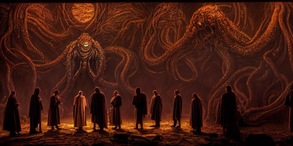 Image similar to portrait of circle group of priests invoking ritual in front of a giant lovecraft creature, intricate, glowing lights, highly detailed, sharp focus, wide - angle, atmospheric lighting, rich deep colors masterpiece, volumetric lighting, beautiful, rich deep colors masterpiece, sharp focus, ultra detailed by leesha hannigan, thierry doizon, kai carpenter