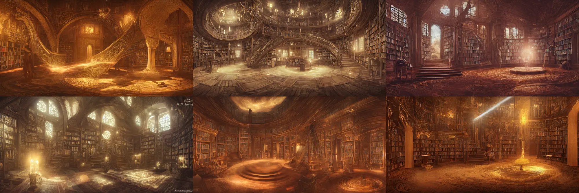 Prompt: beautiful and immersive library of persian sorcery, long spiral scrolls, light beam on dust, mahogany and carpet staircase, visual novel key visual, award - winning digital art on pixiv, trending on artstation