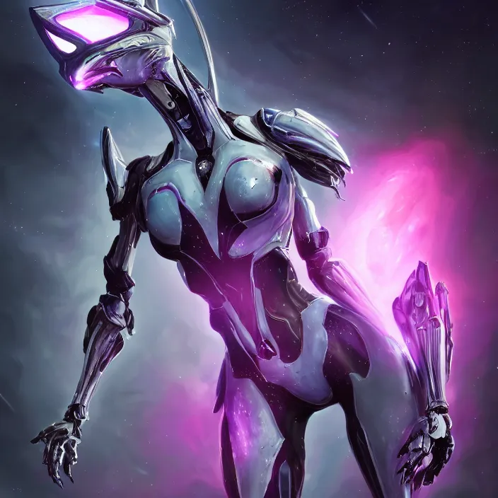 Image similar to cinematic shot, bust, cosmic sized perfectly proportioned stunning hot female warframe, anthropomorphic robot mecha female dragon, dragon head, silver, fuschia leds, floating in empty space, nebula sized, holding a galaxy, epic proportions, epic size, epic scale, furry art, dragon art, giantess art, warframe fanart, furaffinity, deviantart