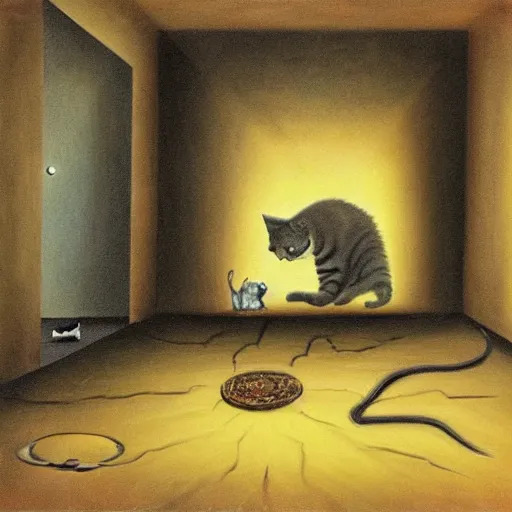 Image similar to a cat in floor inside a dark house, surrealism