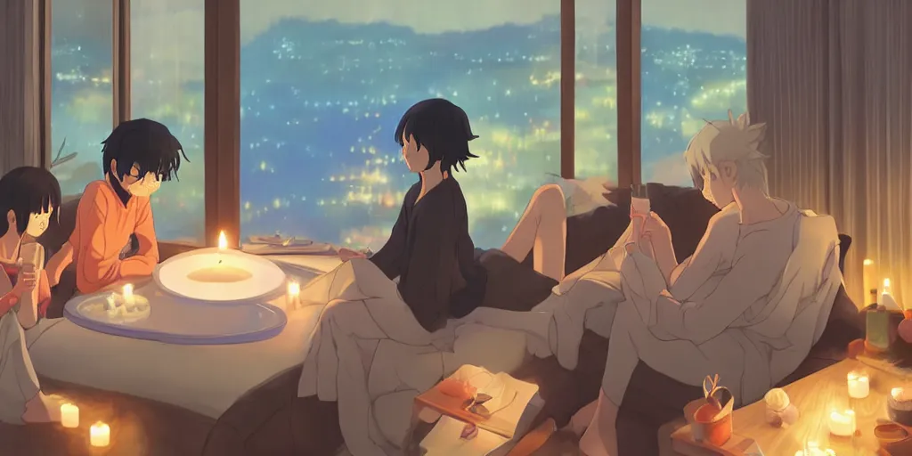 Image similar to a cozy party at midnight, modern indoors, bay area, candles, hot tub, friendship, art by makoto shinkai