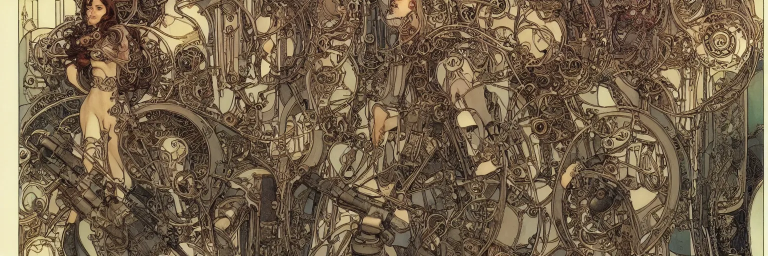 Image similar to art nouveau dieselpunk frames and designs only, no central figure, by travis charest, moebius and mucha, intricate, ornate, circuitry, gears, painted, extremely hyperdetailed, art deco, masterpiece, sharp focus, realistic technical details