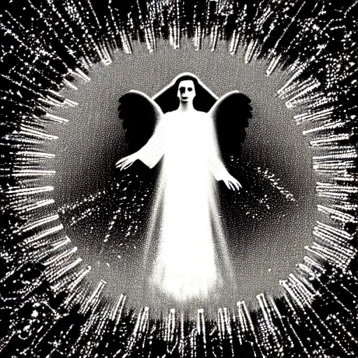 Image similar to vhs static overlay of angel apparition, surrounded by money falling like confetti, vhs, 1 9 9 0, highly realistic, highly detailed, vhs noise static, black and white, vhs glitch