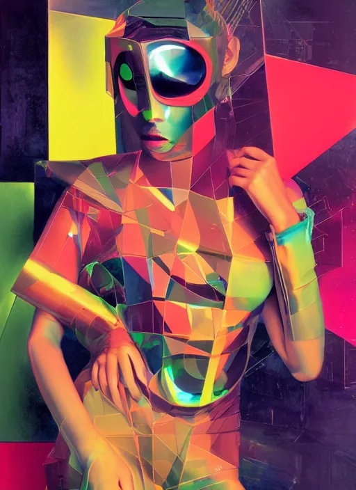 Image similar to futuristic lasers, data visualization, cyberpunk bodysuit, mask, laserpunk, visor, rain, wet, oiled, sweat, girl pinup, by steven meisel, james jean and rolf armstrong, geometric cubist perfect geometry abstract acrylic and hyperrealism photorealistic airbrush collage painting with retro and neon colors