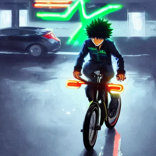 Prompt: realistic Izuku Midoriya riding a neon electric bike, Greg Rutkowski