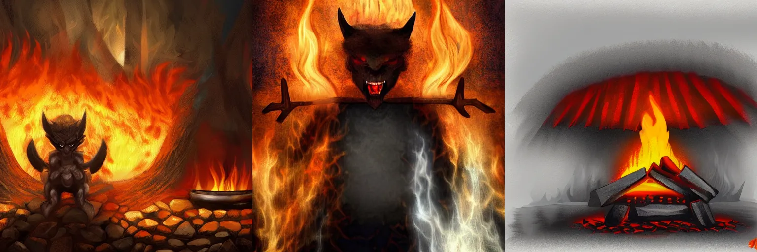 Prompt: A menacing demon standing in front of a roaring fire, digital art, epic