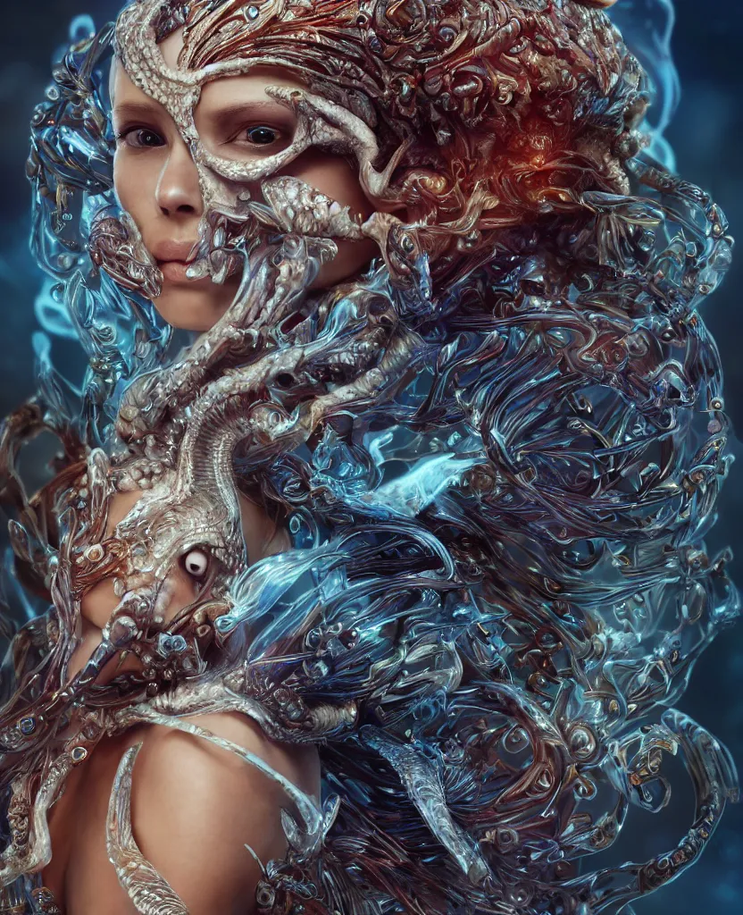 Image similar to close-up macro portrait of the face of a beautiful princess with animal skull mask, epic angle and pose, symmetrical artwork, 3d with depth of field, blurred background, cybernetic jellyfish female face skull phoenix bird, translucent, nautilus, energy flows of water and fire. a highly detailed epic cinematic concept art CG render. made in Maya, Blender and Photoshop, octane render, excellent composition, cinematic dystopian brutalist atmosphere, dynamic dramatic cinematic lighting, aesthetic, very inspirational, arthouse. y Greg Rutkowski, Ilya Kuvshinov, WLOP, Stanley Artgerm Lau, Ruan Jia and Fenghua Zhong