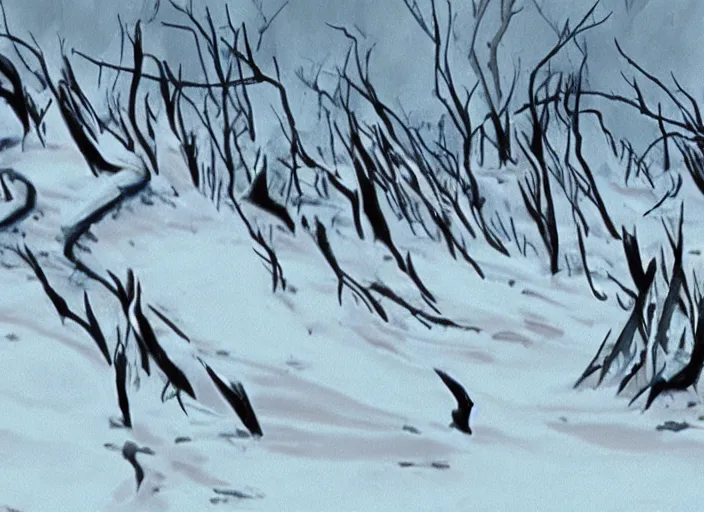 Image similar to stark minimalist charred wooded snowdrift landscape from mulan ( 1 9 9 8 )