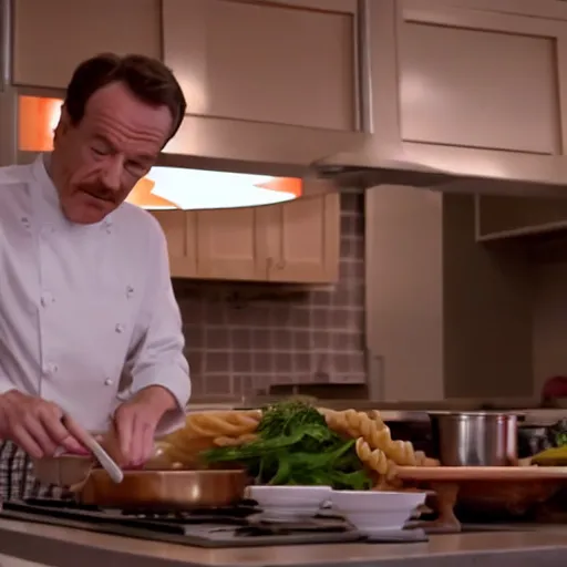 Image similar to bryan cranston cooking up a nice bacon cabonara pasta in the kitchen, cinematic lighting, hd 4 k photo