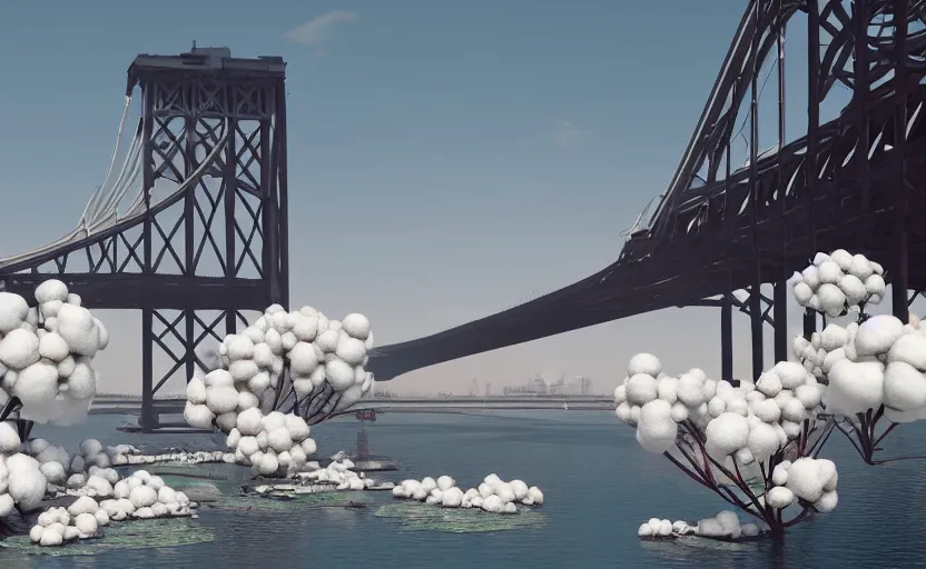 Image similar to a big harbour bridge collapses after explosions in the form of white cotton plants, 3 d octane render, epic lighting, 8 k, by goro fujita