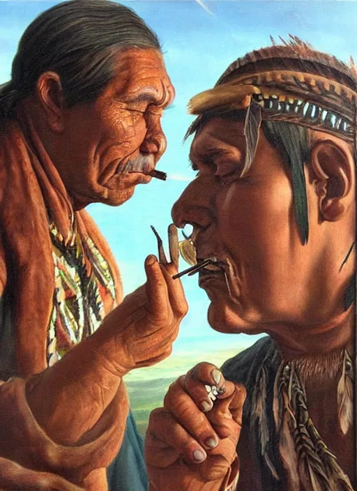 Image similar to a beautiful painting of an indigenous man blowing tobacco snuff into the nose of another man , fantasy art, matte painting, highly detailed